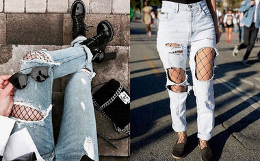 calça jeans rasgada com meia arrastão