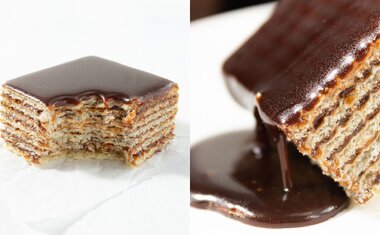 Conheça o Suricake, bolo feito com camadas de folhas de waffle crocante e cobertura de chocolate com mel
