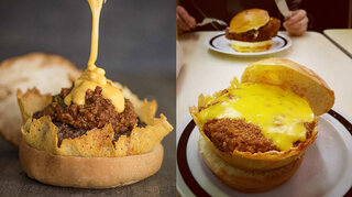 Restaurantes: Conheça o Chili Burger: hambúrguer servido em cesta de parmesão, coberto com chili e MUITO cheddar