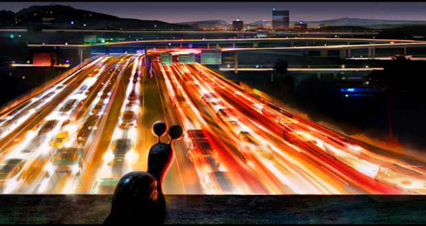 Turbo observa uma avenida cheia de carros rápidos