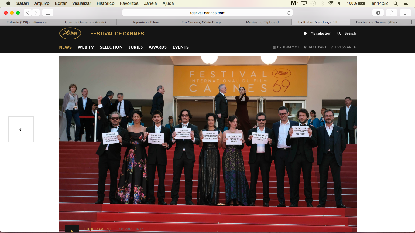 Cinema: Equipe de “Aquarius” protesta contra o impeachment no tapete vermelho em Cannes